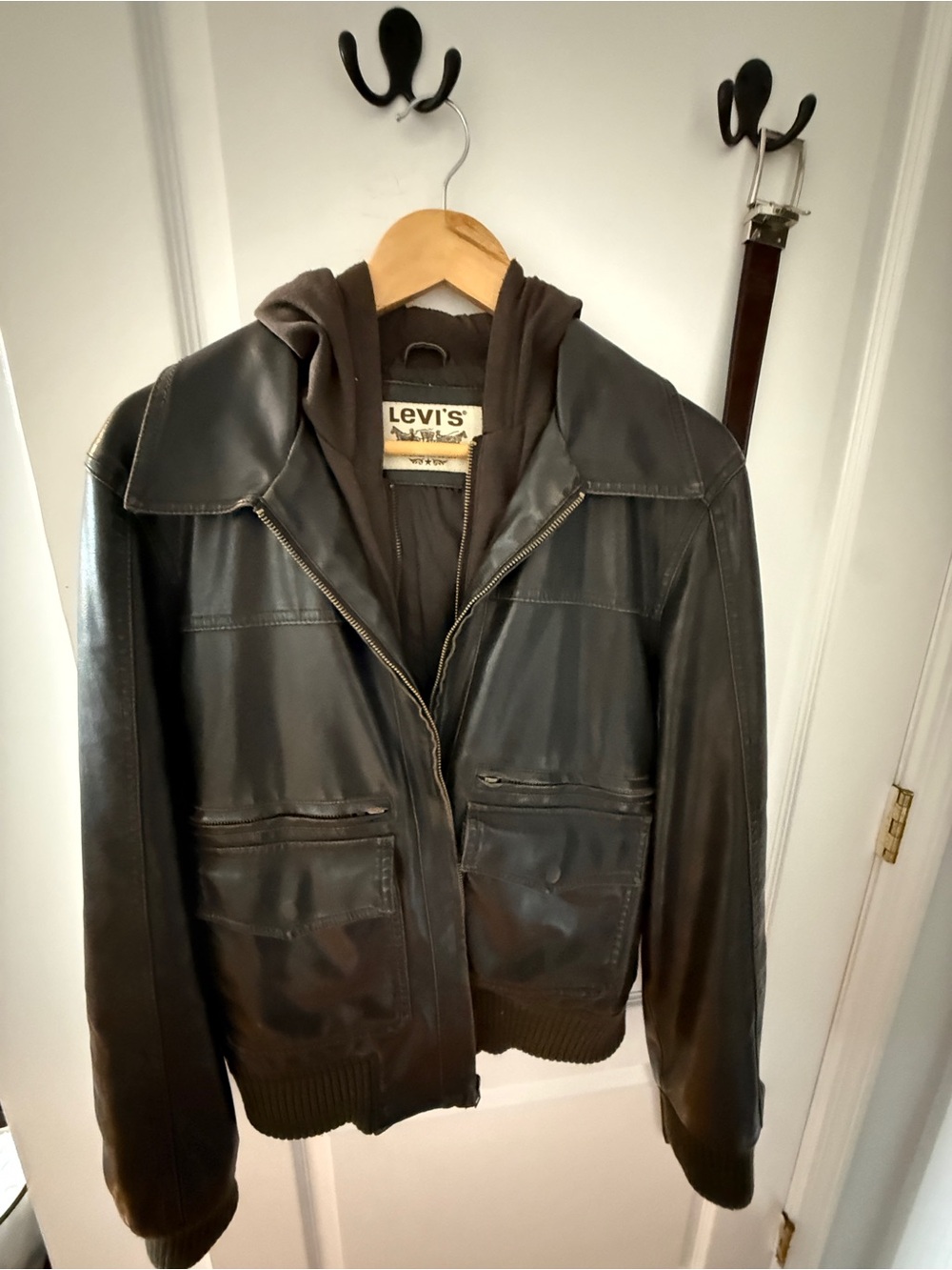 Levi's Dark Brown Leather Bomber Jacket with Hooded Insert